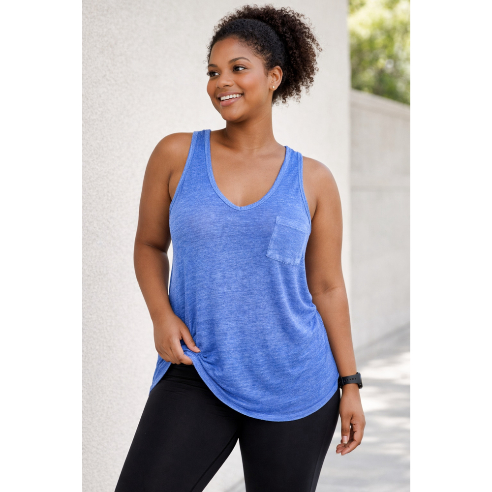 Athleta Size L Semi Sheer Tank Top Blue Pocket Lightweight Athleisure